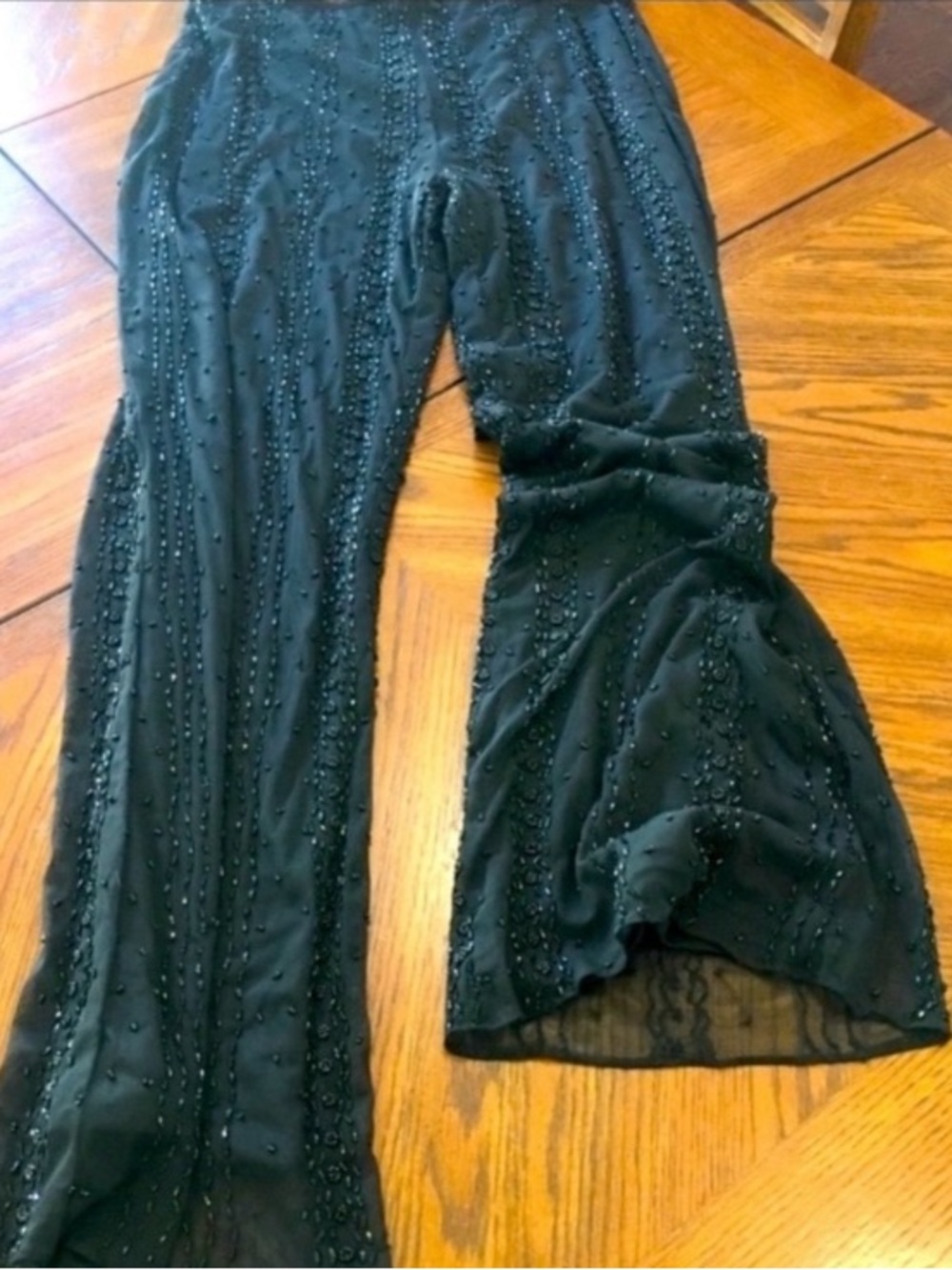 Laurence Kazar Black Beaded Wide-Leg Trousers with Ruffle Hem